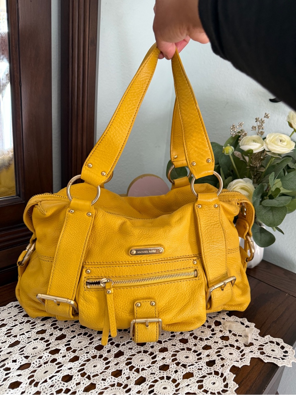 Michael Kors Bright Yellow Pebbled Leather Shoulder Bag with Gold Hardware